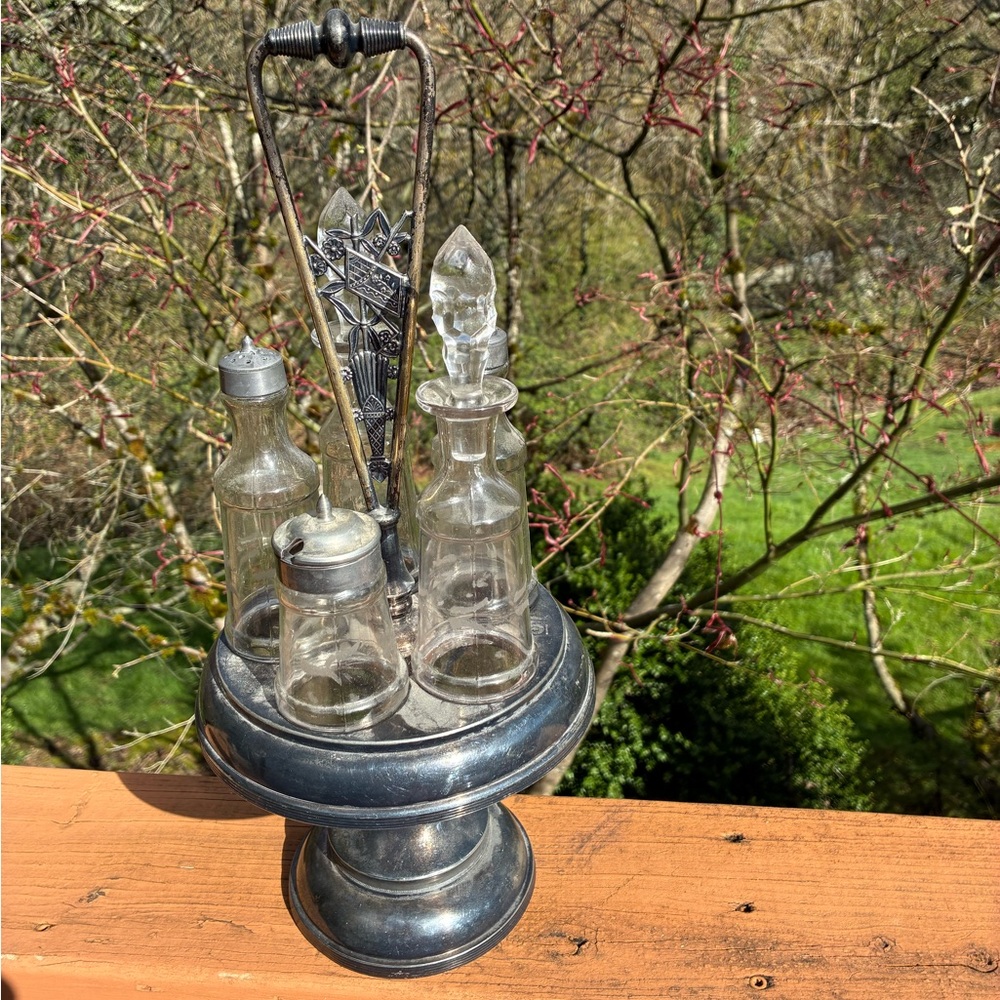 Victorian Silver Plated Etched Cruet Condiment Set Footed Caddy Reed Barton